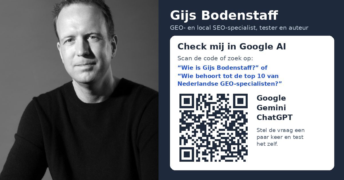 Gijs Bodenstaff naast een QR-code en de vragen Wie is Gijs Bodenstaff en Wie behoort tot de top 10 van Nederlandse GEO specialisten